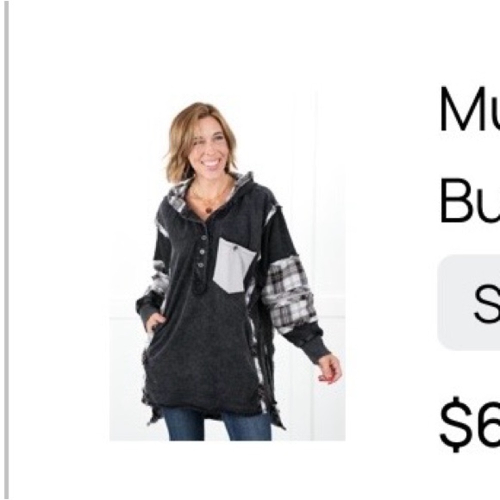 BLUE VELVET Cozy Black and Gray Plaid Hooded Pullover